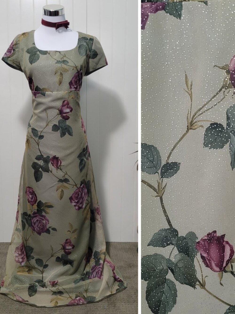 VTG 90s Glitter Sage Green Floral Chiffon Fairy Grunge Whimsigoth Maxi Dress